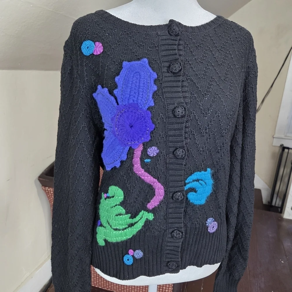 Vintage Michael Simon Embellished Knit‎ Cardigan Black Floral Applique Sweater L